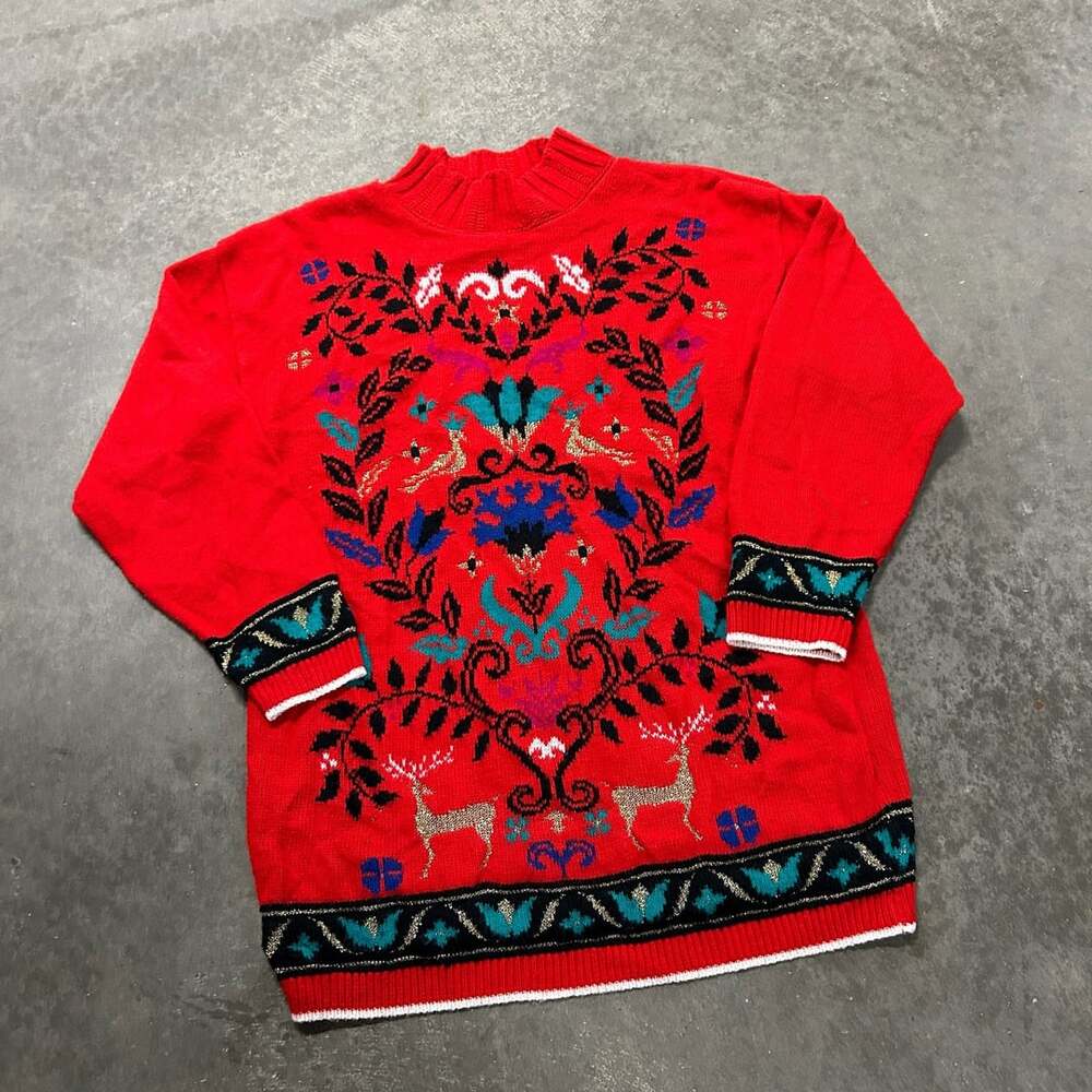 Beldoch Popper Vintage Red Christmas Holiday Reindeer Metallic Pattern Sweater